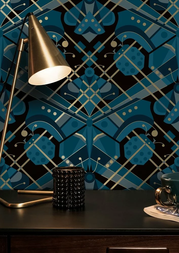 KEK Amsterdam Art Deco Goud Behang Animaux Butterfly - Blauw 3 KEK Amsterdam Art Deco Goud Behang Animaux Butterfly - Blauw - Afbeelding 2