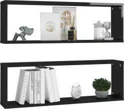 Furniture Limited - Wandschap Kubus 2 St 80x15x26,5 Cm Spaanplaat Hoogglans Zwart -DECORATIE Winkel 1200x1051 6