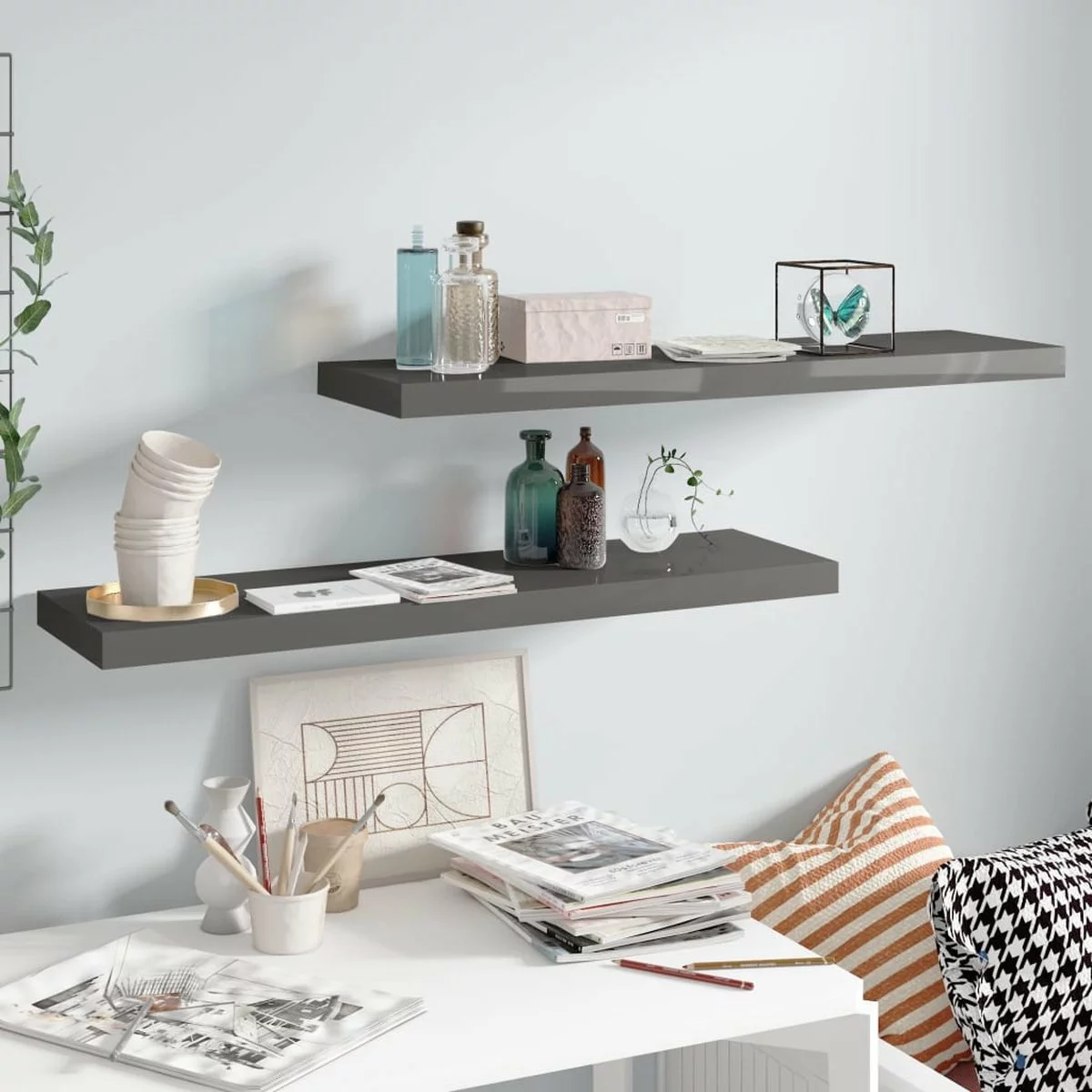 Furniture Limited - Wandschappen Zwevend 2 St 90x23,5x3,8 Cm MDF Hoogglans Grijs 11 Furniture Limited - Wandschappen Zwevend 2 St 90x23,5x3,8 Cm MDF Hoogglans Grijs - Afbeelding 9