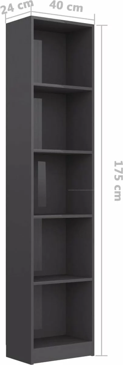 Furniture Limited - Boekenkast 5 Schappen 40x24x175 Cm Bewerkt Hout Hoogglans Grijs 5 Furniture Limited - Boekenkast 5 Schappen 40x24x175 Cm Bewerkt Hout Hoogglans Grijs - Afbeelding 3