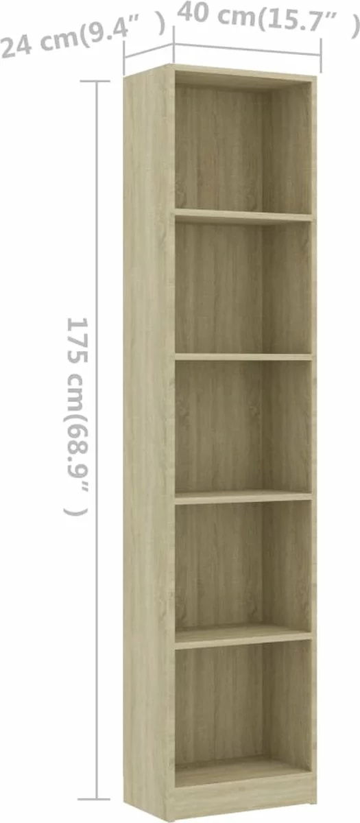 Furniture Limited - Boekenkast Met 5 Schappen 40x24x175 Cm Bewerkt Hout Sonoma Eik 4 Furniture Limited - Boekenkast Met 5 Schappen 40x24x175 Cm Bewerkt Hout Sonoma Eik - Afbeelding 2