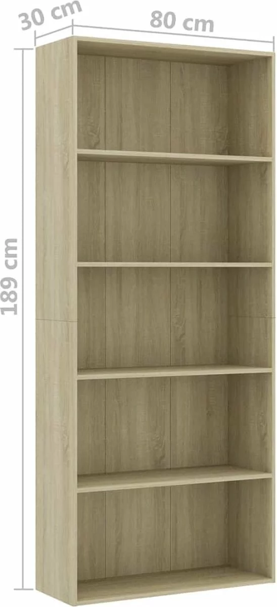 Furniture Limited - Boekenkast Met 5 Schappen 80x30x189 Cm Spaanplaat Sonoma Eiken 4 Furniture Limited - Boekenkast Met 5 Schappen 80x30x189 Cm Spaanplaat Sonoma Eiken - Afbeelding 2