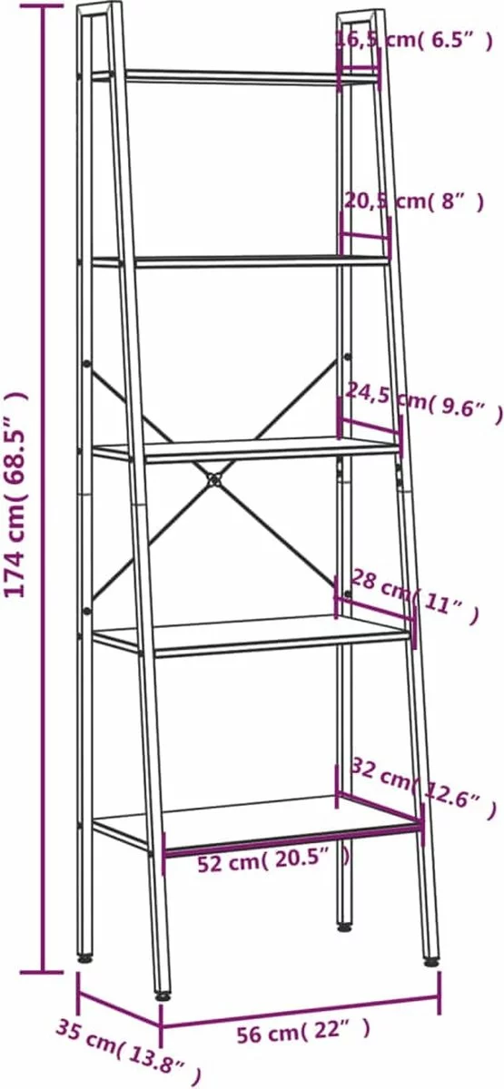Furniture Limited - Ladderrek Met 5 Schappen 56x35x174 Cm Donkerbruin En Zwart 8 Furniture Limited - Ladderrek Met 5 Schappen 56x35x174 Cm Donkerbruin En Zwart - Afbeelding 6