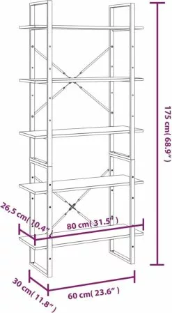 Furniture Limited - Boekenkast 80x30x175 Cm Bewerkt Hout Bruineiken -DECORATIE Winkel 660x1200 1