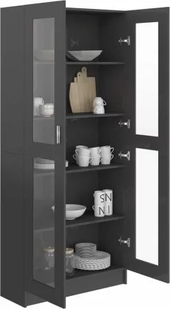 Furniture Limited - Vitrinekast 82,5x30,5x185,5 Cm Spaanplaat Hoogglans Grijs -DECORATIE Winkel 662x1200