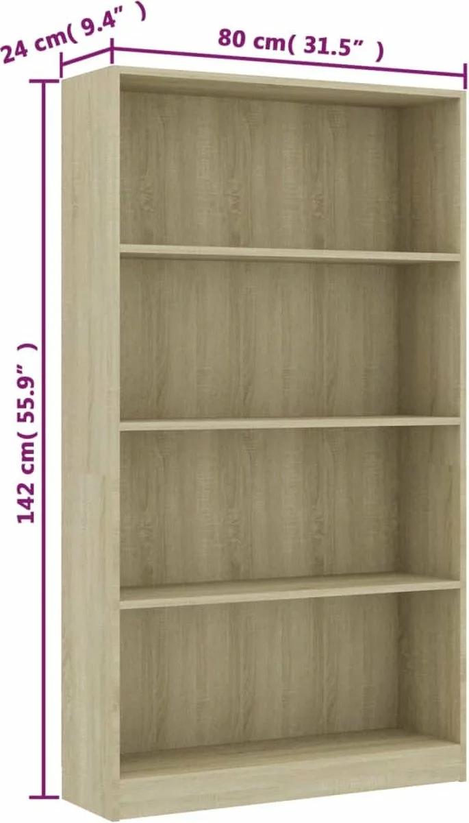 Furniture Limited - Boekenkast Met 4 Schappen 80x24x142 Cm Bewerkt Hout Sonoma Eik 5 Furniture Limited - Boekenkast Met 4 Schappen 80x24x142 Cm Bewerkt Hout Sonoma Eik - Afbeelding 3