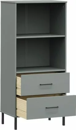 Furniture Limited - Boekenkast Met 2 Lades OSLO 60x35x128,5 Cm Massief Hout Grijs -DECORATIE Winkel 702x1200