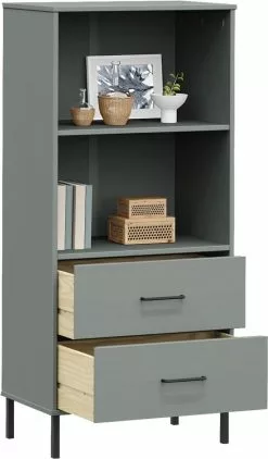 Furniture Limited - Boekenkast Met 2 Lades OSLO 60x35x128,5 Cm Massief Hout Grijs -DECORATIE Winkel 703x1200 1