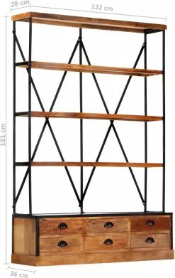 Furniture Limited - Boekenkast 4-laags Met 6 Lades 122x36x181 Cm Massief Mangohout -DECORATIE Winkel 759x1200