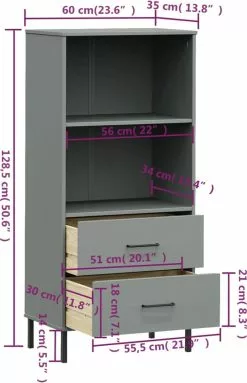 Furniture Limited - Boekenkast Met 2 Lades OSLO 60x35x128,5 Cm Massief Hout Grijs -DECORATIE Winkel 774x1200 1