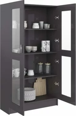 Furniture Limited - Vitrinekast 82,5x30,5x150 Cm Spaanplaat Hoogglans Grijs -DECORATIE Winkel 793x1200 1