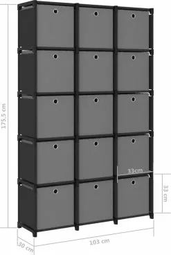 Furniture Limited - Kast Met 15 Vakken Met Boxen 103x30x175,5 Cm Stof Zwart -DECORATIE Winkel 805x1200