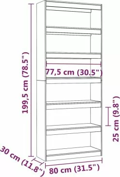 Furniture Limited - Boekenkast/kamerscherm 80x30x199,5 Cm Massief Grenenhout Grijs -DECORATIE Winkel 812x1200